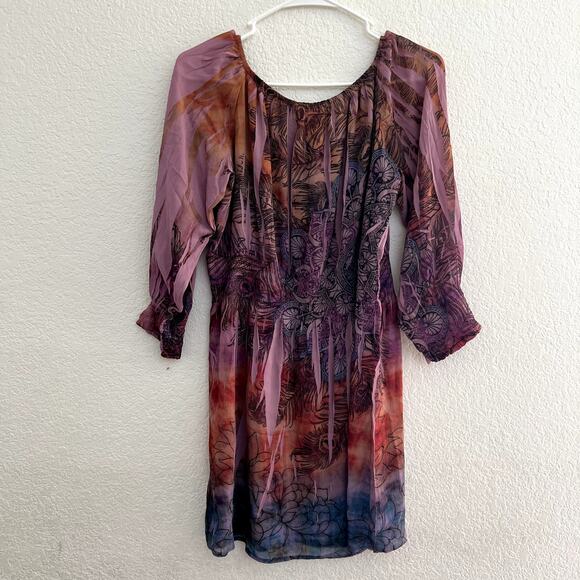 UNITY WORLD WEAR Women's M Babydoll Pink Mix Media Print Tunic Blouse Y2k Sheer - Picture 3 of 5